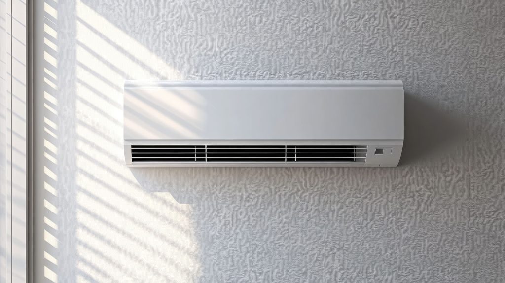 A sleek white split air conditioner mounted on a modern interior wall.